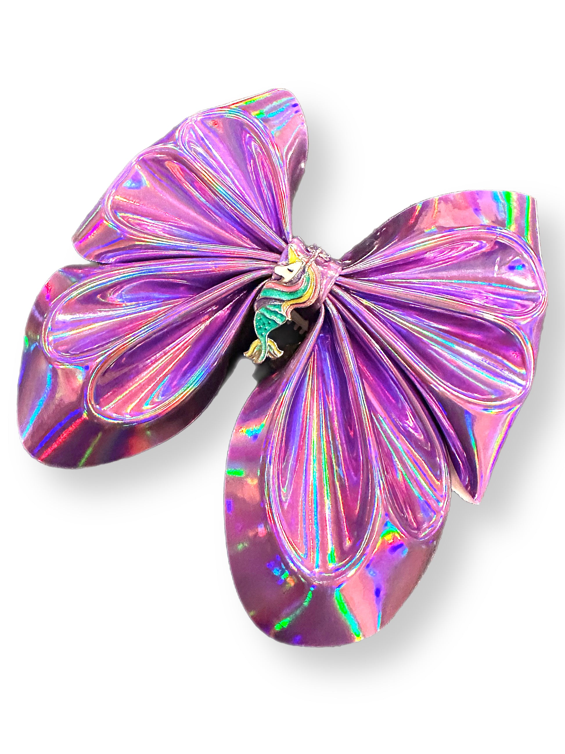 Siren's Mermicorn, a gorgeous purple iridescent bow with grip clips to help aid in securing bow to hair. very large 5x5" statement piece! 